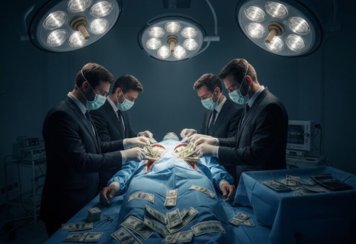 Businessmen in suits performing surgery with money instead of medical tools, representing private equity prioritizing profit over patient care in healthcare.