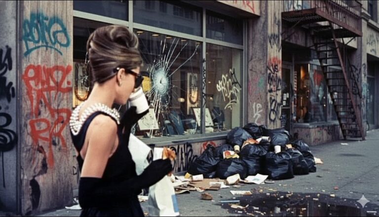 Audrey Hepburn in elegant black dress walks past a vandalized Tiffany’s storefront with shattered glass, graffiti-covered walls, and garbage bags piled on a decaying New York City sidewalk.