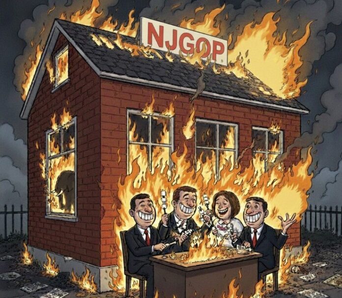 Political cartoon shows the NJGOP building on fire while four smiling politicians roast marshmallows over the flames, with an elephant silhouette visible inside. Satirical image commenting on party leadership and turmoil.