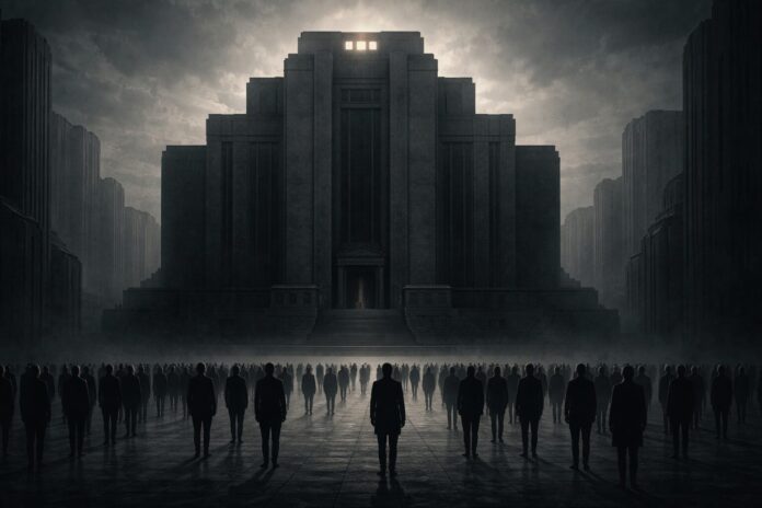 Symbolic illustration of centralized state power overshadowing anonymous individuals, representing fascism as a totalitarian system rather than a partisan ideology.