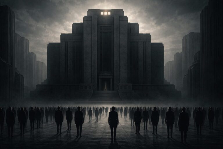 Symbolic illustration of centralized state power overshadowing anonymous individuals, representing fascism as a totalitarian system rather than a partisan ideology.