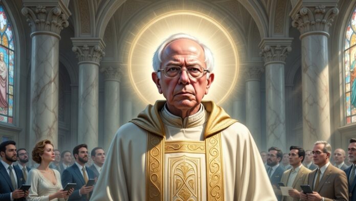 A stylized illustration of Bernie Sanders depicted as a saintly figure in a cathedral, wearing ceremonial robes with a glowing halo, while a modern congregation stands behind him holding smartphones.