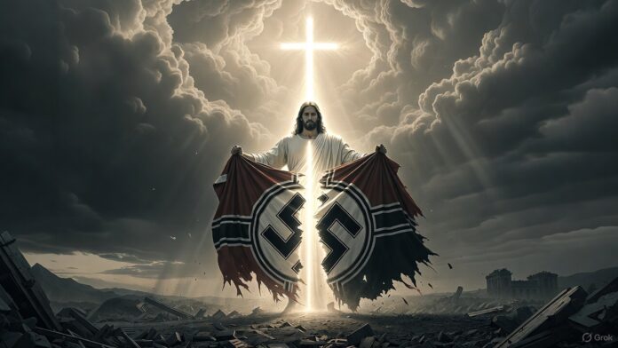 A radiant Jesus Christ stands before a glowing cross, tearing two Nazi flags in half amid a dark, ruined landscape, symbolizing the defeat of evil and the supremacy of divine justice.