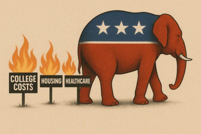 Republican Party elephant facing away from three burning signs labeled College Costs, Housing, and Healthcare, symbolizing the GOP ignoring major national issues.