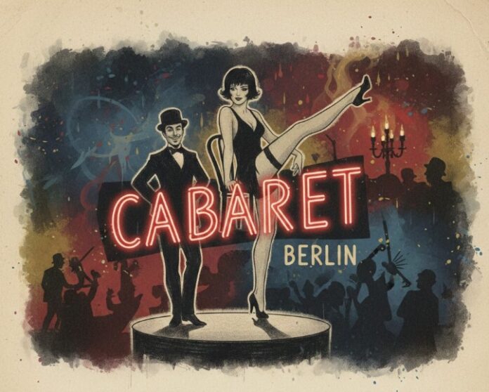 Stylized illustration of a Cabaret performance in Berlin, showing a woman in a black costume kicking her leg high while standing on a platform beside a smiling man in a bowler hat. Behind them, the word “Cabaret” glows in red neon, and a crowd of silhouetted revelers dances in a moody, smoke-filled club.