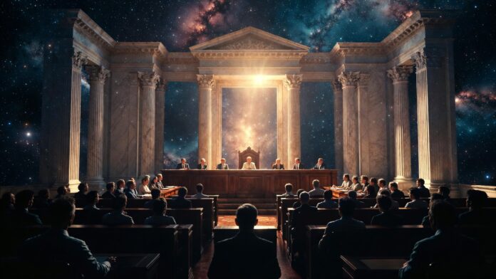 A cosmic courtroom with jurors seated before a panel of judges framed by classical columns, as radiant light shines from the universe behind the bench, symbolizing divine judgment and the weighing of evidence.