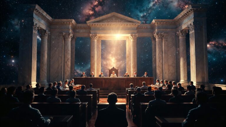 A cosmic courtroom with jurors seated before a panel of judges framed by classical columns, as radiant light shines from the universe behind the bench, symbolizing divine judgment and the weighing of evidence.