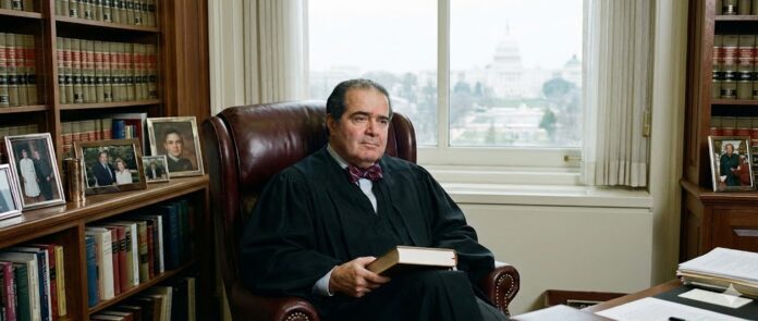 Justice Antonin Scalia seated in his Supreme Court chambers holding a book, with the U.S. Capitol visible through the window behind him, representing originalism and constitutional interpretation.