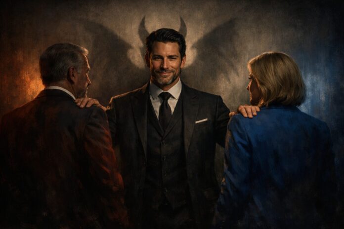 A well-dressed man stands between red and blue political figures, resting his hands on their shoulders as his shadow forms horns and wings, symbolizing manipulation and moral certainty.