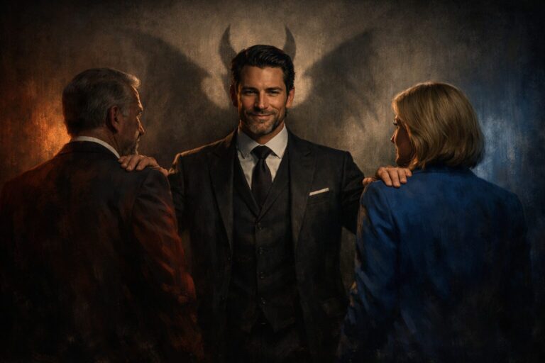 A well-dressed man stands between red and blue political figures, resting his hands on their shoulders as his shadow forms horns and wings, symbolizing manipulation and moral certainty.