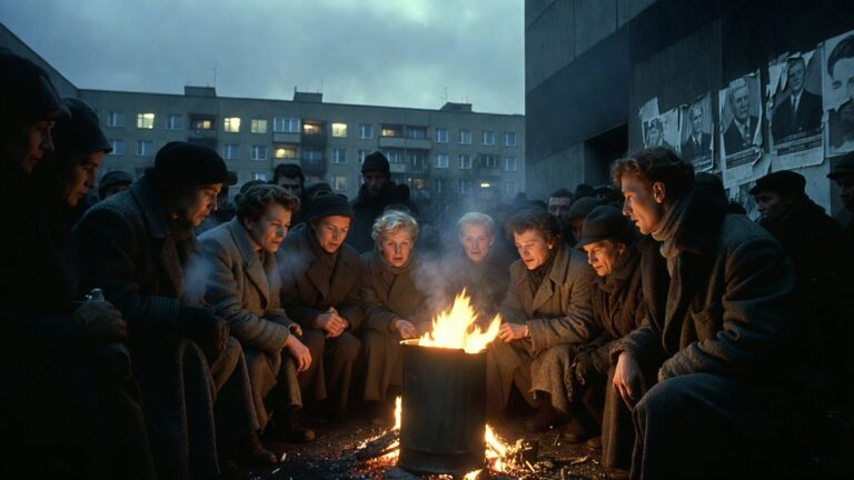 Civilians in worn coats huddle around a trash-can fire in a bleak socialist city, illustrating poverty, scarcity, and the harsh reality behind collectivist ideology.