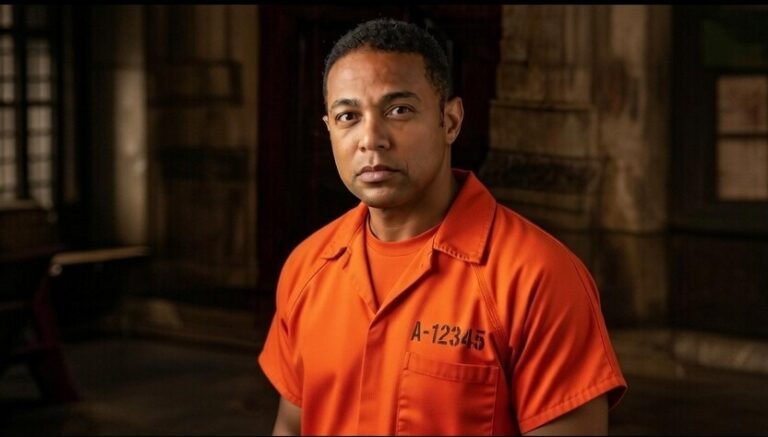 Illustration of a man resembling television journalist Don Lemon wearing an orange prison-style jumpsuit in a dimly lit interior, used as a symbolic image for a commentary on journalism and the rule of law.