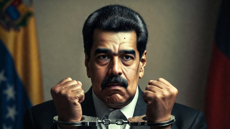Nicolás Maduro in handcuffs, symbolizing the arrest of Venezuela’s president and the collapse of legitimacy in a narco-state accused of drug trafficking and authoritarian rule.