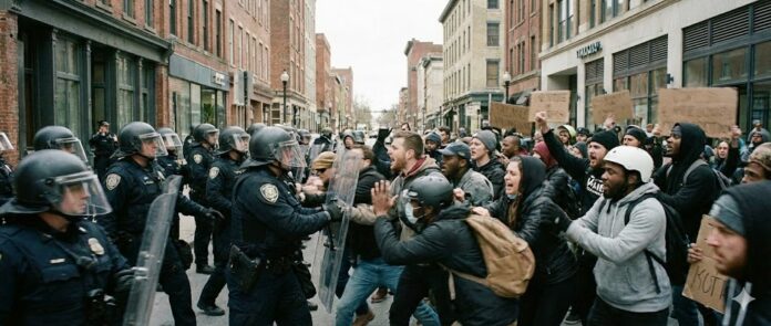 Crowd of protesters clashing with riot police in an urban street during daytime. Police in helmets, visors, and body armor hold transparent shields in a line while pushing back against a dense group of demonstrators who are shouting, raising fists, and pressing forward aggressively against the police barrier. Brick buildings and storefronts line the background; signs are held but text is not clearly readable. Tense, chaotic atmosphere with physical contact but no visible weapons or severe injury.