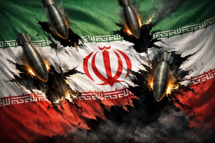 Photorealistic dramatic scene of the Iranian national flag as torn fabric, shredded by falling bombs creating jagged holes, with only dark empty space beneath, cinematic lighting and somber tone.