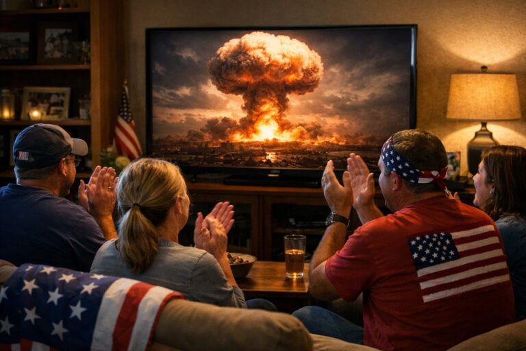 Four adults in a living room applaud while watching a television broadcast of a large mushroom cloud explosion, the glow from the screen lighting their faces in a patriotic setting.
