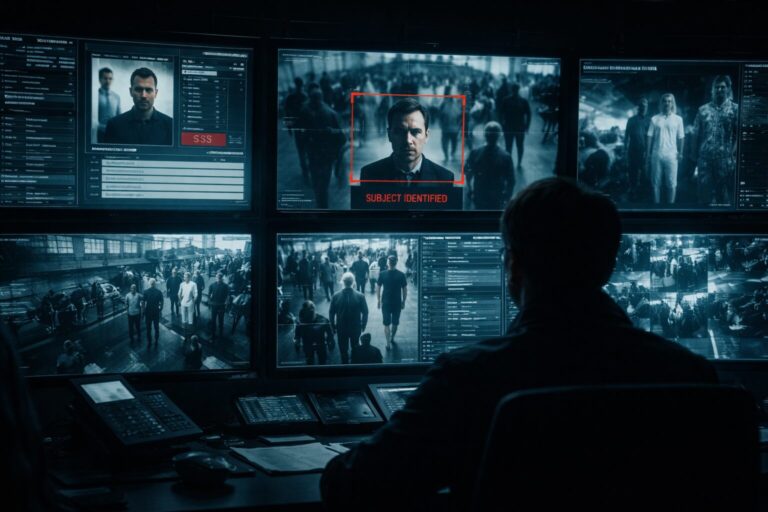 Dark surveillance room with multiple screens showing airport security footage and passenger data, with one traveler flagged and tracked across the displays.