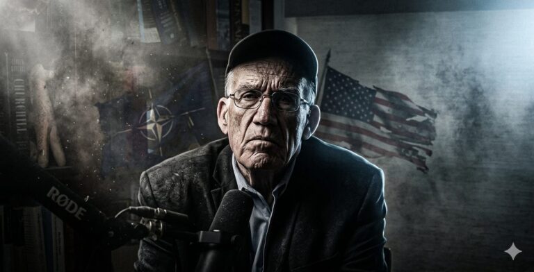 A dramatic, cinematic portrait of historian Victor Davis Hanson in a dusty, dimly lit podcast studio. Behind him, torn and shadowed American and NATO flags hang, symbolizing geopolitical tension and decay.