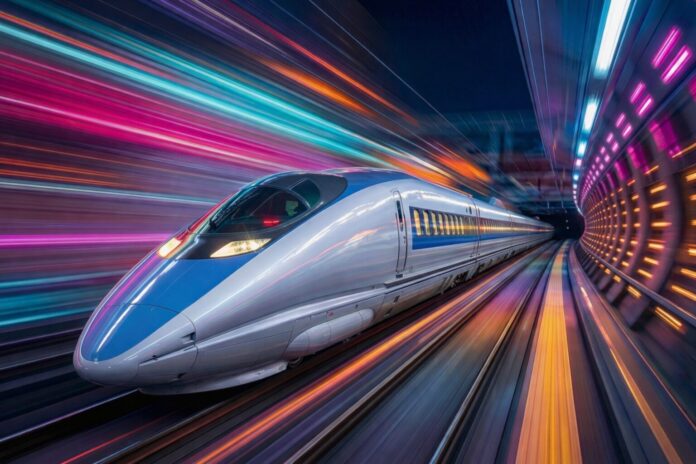 High-speed bullet train speeding through a colorful illuminated tunnel with bright motion-blur light trails.