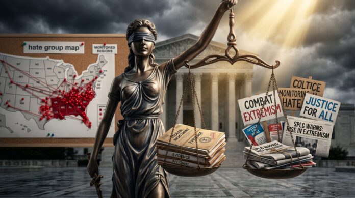 Lady Justice holding scales weighing legal evidence against political activism, with a hate group map and courthouse in the background, symbolizing the legal and political tensions surrounding the SPLC indictment.