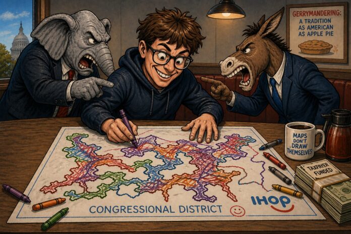 Political cartoon of a young man drawing chaotic congressional districts on a placemat while an angry Republican elephant and Democratic donkey argue behind him, symbolizing gerrymandering.