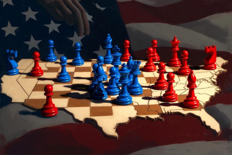 Chessboard map of the United States with blue pieces clustered tightly and red pieces spread out, representing political gerrymandering and vote concentration.