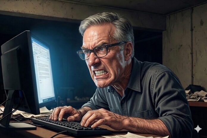 Cartoon depiction of Keith Olbermann yelling at a computer screen while typing aggressively in a dimly lit room.
