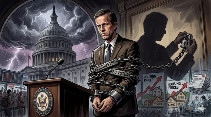 Illustration of John Thune chained by “filibuster” and “60 votes” restraints at a Senate podium, with the U.S. Capitol and signs of national dysfunction in the background.