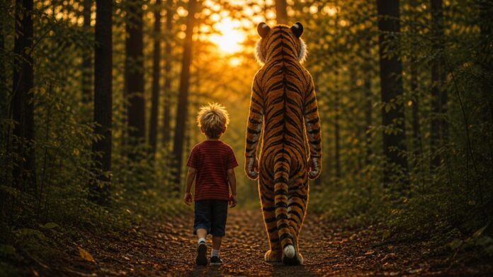 A young boy with spiky blond hair walks away down a wooded path at sunset beside a tall, slender tiger, both seen from behind in warm golden light, creating a calm and reflective scene.