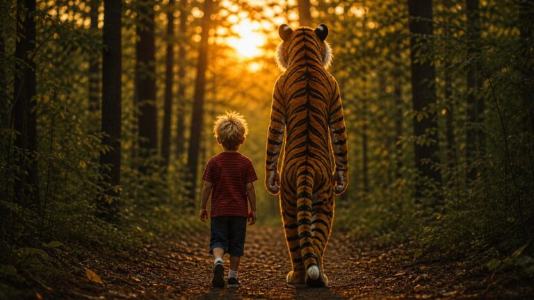 A young boy with spiky blond hair walks away down a wooded path at sunset beside a tall, slender tiger, both seen from behind in warm golden light, creating a calm and reflective scene.