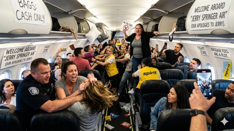 Passengers arguing and reacting inside a crowded airplane cabin, illustrating the chaotic and humorous reality of ultra low-cost air travel.