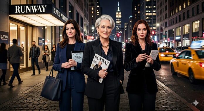 Anne Hathaway, Meryl Streep, and Emily Blunt walk together at night in New York City outside the Runway fashion office, dressed in stylish black outfits.