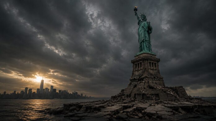 Statue of Liberty standing on a shattered, crumbling pedestal under dark storm clouds, with the New York skyline and sunlight breaking through in the distance across the water.