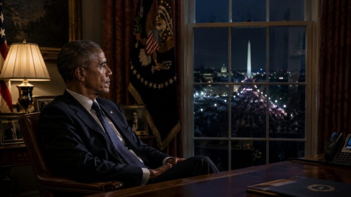 Barack Obama sits thoughtfully in the Oval Office at night looking out the window toward the Washington Monument in a dark, cinematic scene.