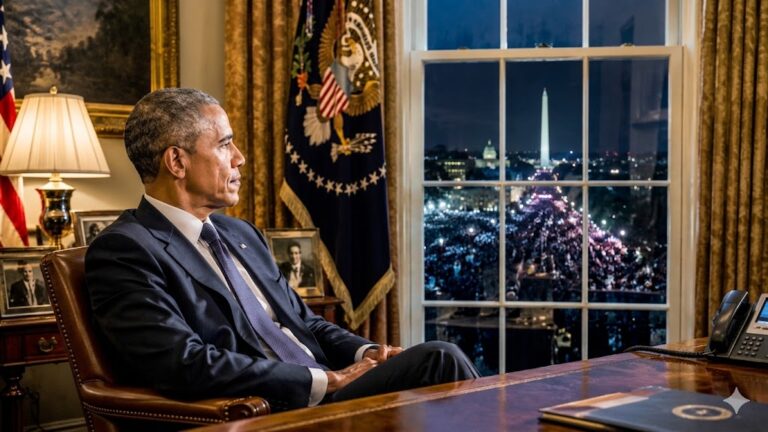 Barack Obama sits thoughtfully in the Oval Office at night looking out the window toward the Washington Monument in a dark, cinematic scene.