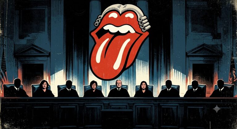 A pop art illustration of the United States Supreme Court bench with nine Justices in silhouette, including three women. Looming large in the center background above the bench is the iconic Rolling Stones tongue and lips logo wearing a traditional white judicial wig, rendered in a bold red, white, and blue graphic poster style.
