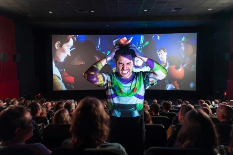 Frustrated man standing in a movie theater facing the audience, pulling his hair in exasperation while the Toy Story movie is projected onto his body, with other viewers seated behind him.