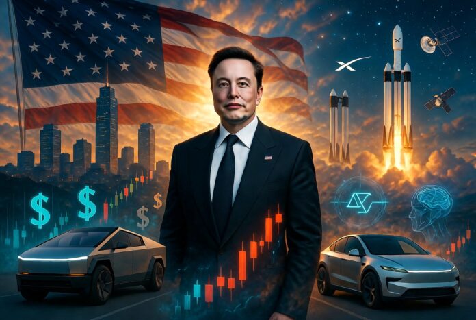 Elon Musk in a suit with American flag pin stands centered against a large U.S. flag and city skyline at sunset, flanked by Tesla Cybertruck and sedan, rising stock charts with dollar signs, launching SpaceX rockets, satellites, X logo, and Neuralink brain graphic.