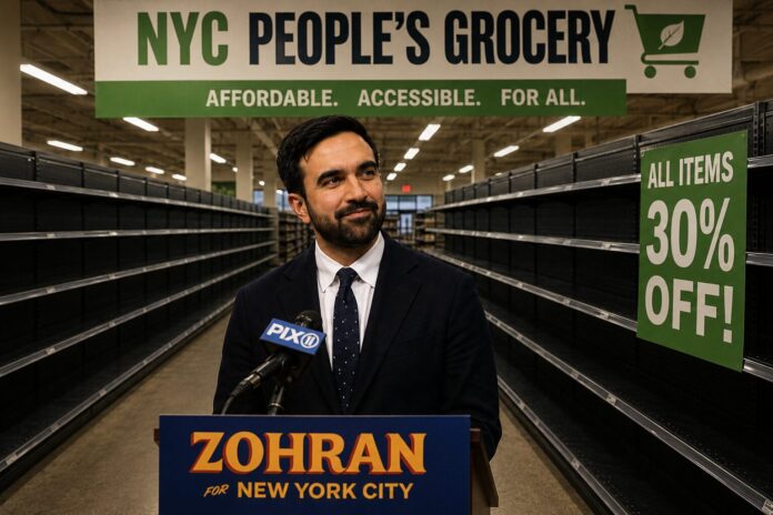 Editorial illustration of New York City Mayor Zohran Mamdani standing inside a government grocery store with empty shelves and a sign advertising all items 30% off.
