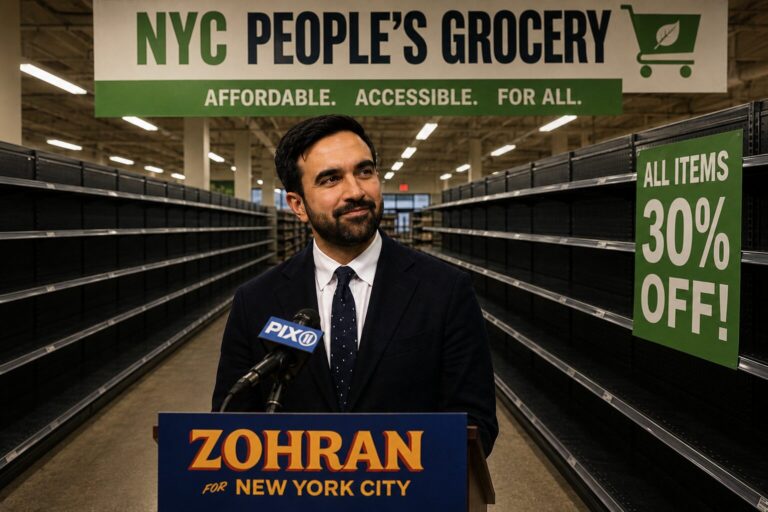 Editorial illustration of New York City Mayor Zohran Mamdani standing inside a government grocery store with empty shelves and a sign advertising all items 30% off.
