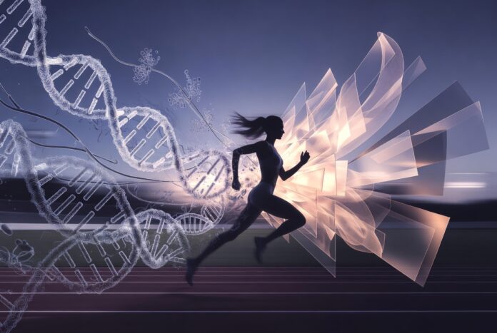 Stylized digital artwork of a silhouetted female runner on a track with a large DNA double helix in the background, representing the relationship between biological sex and athletic performance in women's sports.