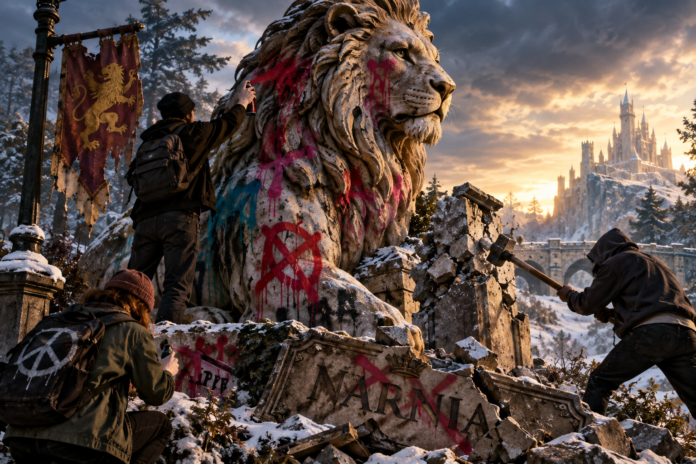 Activists vandalize a stone lion representing Aslan in a snowy Narnia landscape, covering the monument with graffiti as a castle rises in the distance.