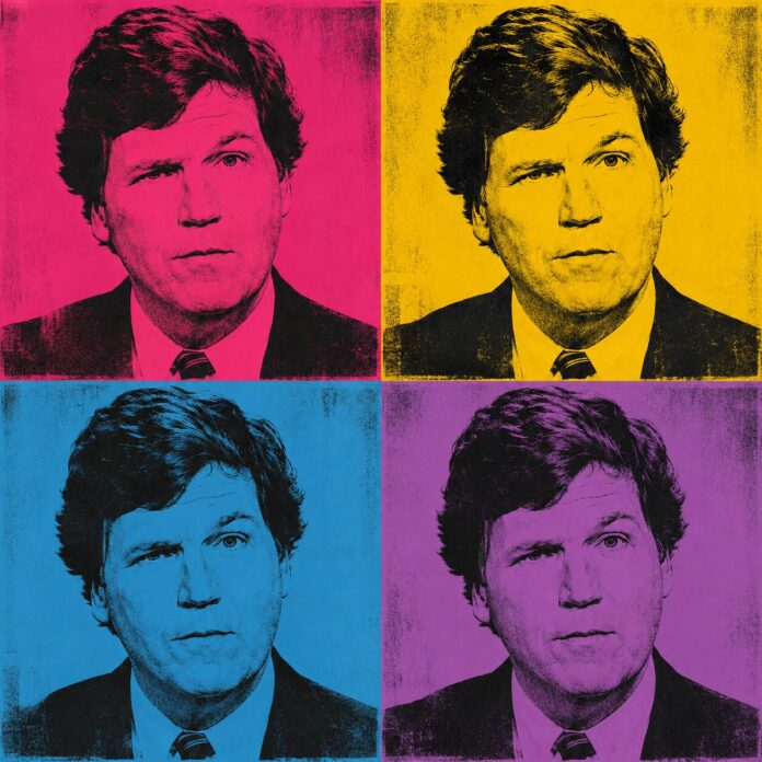 Pop-art portrait of Tucker Carlson repeated four times in contrasting colors, representing the four different Tucker Carlson interview personas.