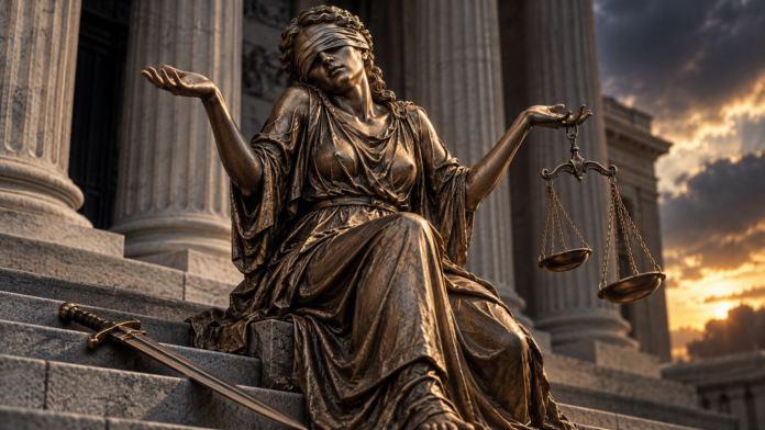 Blindfolded Lady Justice shrugs indifferently outside a courthouse, holding unbalanced scales of justice as her sword lies abandoned on the steps, symbolizing prosecutorial misconduct and selective enforcement of the law.