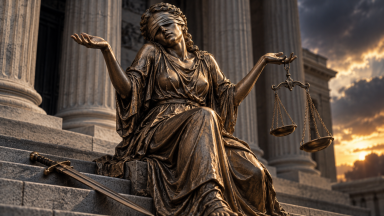Blindfolded Lady Justice shrugs indifferently outside a courthouse, holding unbalanced scales of justice as her sword lies abandoned on the steps, symbolizing prosecutorial misconduct and selective enforcement of the law.