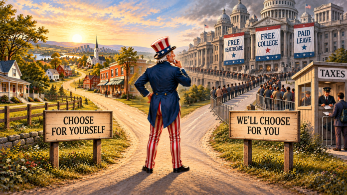 Uncle Sam stands at a crossroads between a peaceful American town labeled “Choose for Yourself” and a massive government bureaucracy labeled “We'll Choose for You,” illustrating the debate over individual freedom and compulsory government programs.