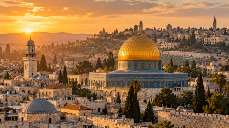 Golden Dome of the Rock overlooking Jerusalem's Old City at sunset, illustrating an essay on Palestinian society, Western perceptions, and political ideology.
